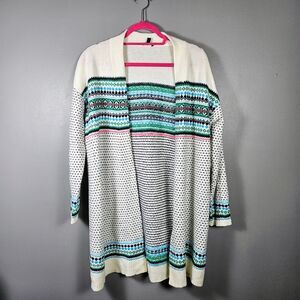 Talbots Size Petite Large Breton Fair Isle Long Open Cardigan Green Blue Ivory